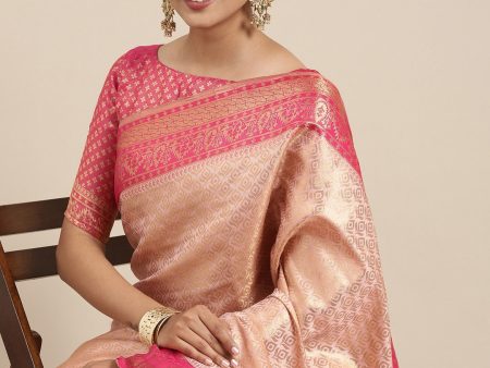 Saree Mall Peach-Coloured Ethnic Motifs Zari Silk Blend Banarasi Sarees Fashion