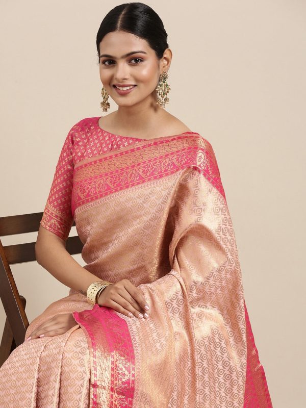 Saree Mall Peach-Coloured Ethnic Motifs Zari Silk Blend Banarasi Sarees Fashion