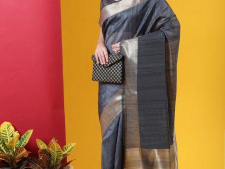 Vishnu Weaves Women s Grey Tussar Silk Zari Woven Saree with Blouse on Sale