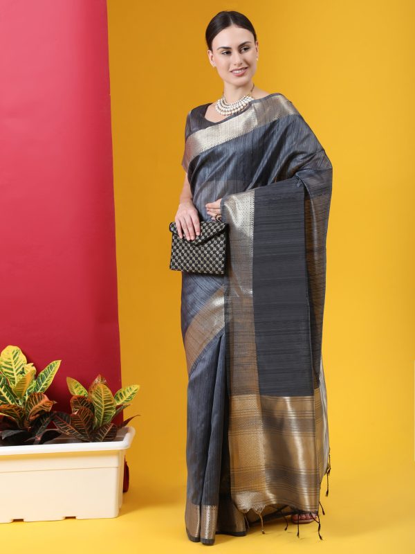 Vishnu Weaves Women s Grey Tussar Silk Zari Woven Saree with Blouse on Sale