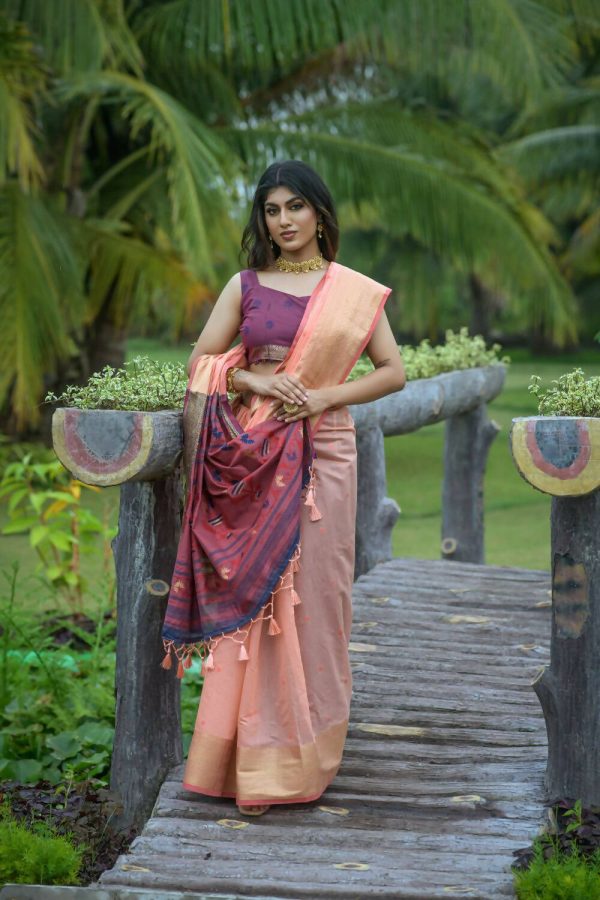 Vishnu Weaves Women s Peach Cotton Silk Zari Woven Saree with Blouse Online Hot Sale