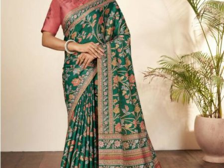 Green Gajji Silk Floral Print with Hand Mirror work Border Saree - Norita Nirvi Cheap