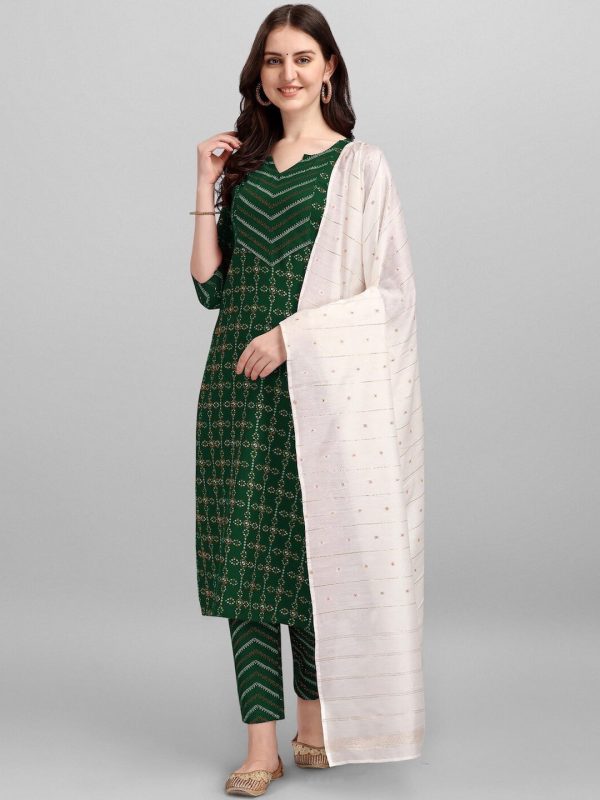 HERE&NOW Green & White Geometric Printed Pure Cotton Kurta With Trousers & Dupatta Supply