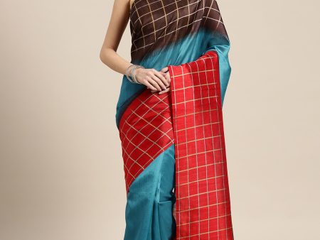 Saree Mall Blue & Red Checked Bhagalpuri Saree on Sale