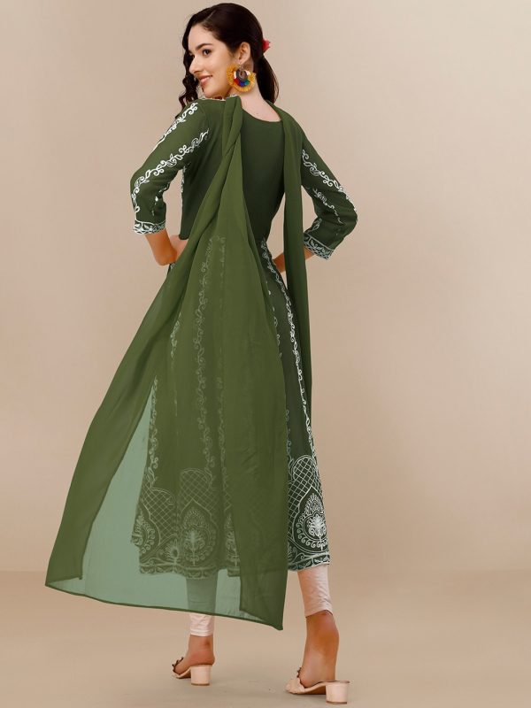 HERE&NOW Green & White Ethnic Motifs Embroidered Chikankari Kurta & Dupatta Cheap