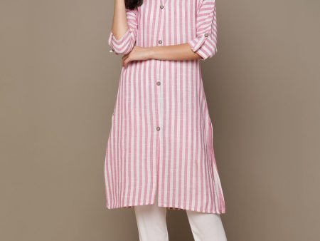 HERE&NOW Pink & White Shirt Collar Roll-Up Sleeves Striped Pure Cotton Straight Kurta For Discount