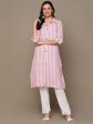 HERE&NOW Pink & White Shirt Collar Roll-Up Sleeves Striped Pure Cotton Straight Kurta For Discount