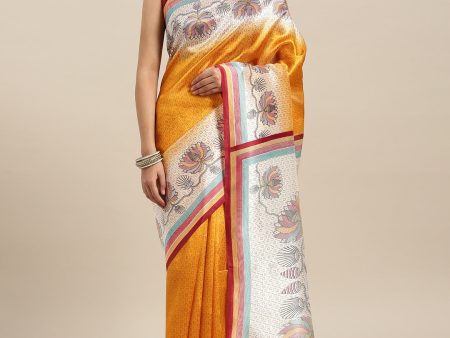 Saree Mall Mustard Yellow Printed Bhagalpuri Saree Online Sale