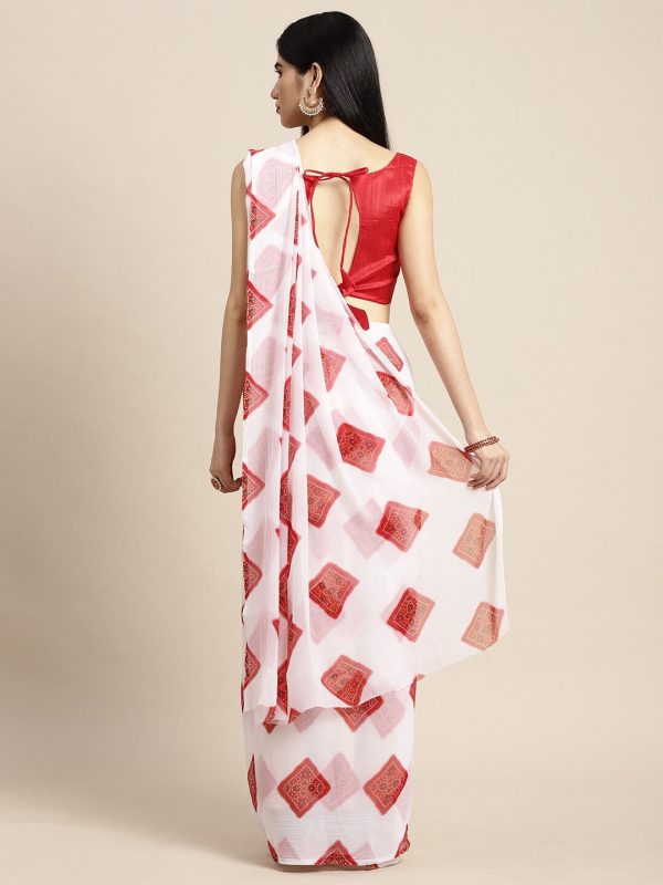 Saree Mall Women White & Red Printed Poly Chiffon Bandhani Saree With Matching Blouse Online Hot Sale