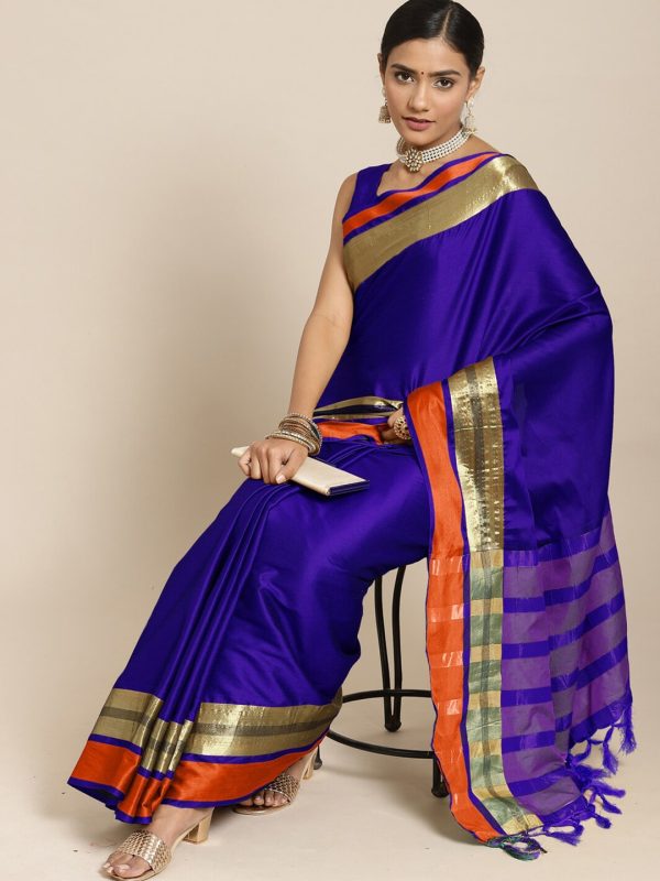 Saree Mall Blue & Copper-Toned Zari Silk Blend Uppada Sarees Online