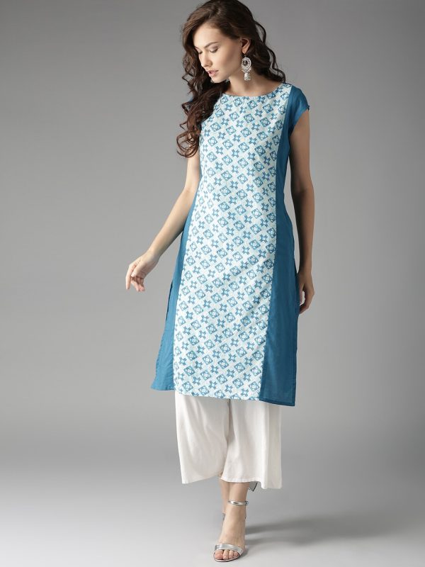 HERE&NOW Women Blue & Off-White Printed Straight Kurta Online Sale