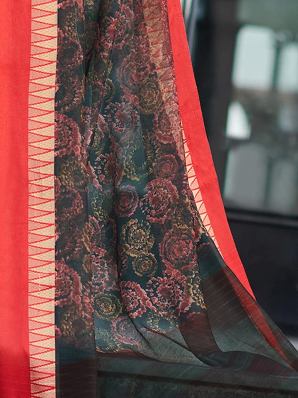 Saree Mall Floral Printed Linen Blend Block Print Sarees on Sale