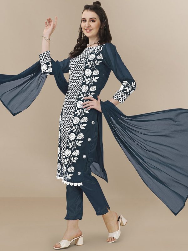 HERE&NOW Floral Embroidered Chikankari Kurta with Trousers & Dupatta Hot on Sale