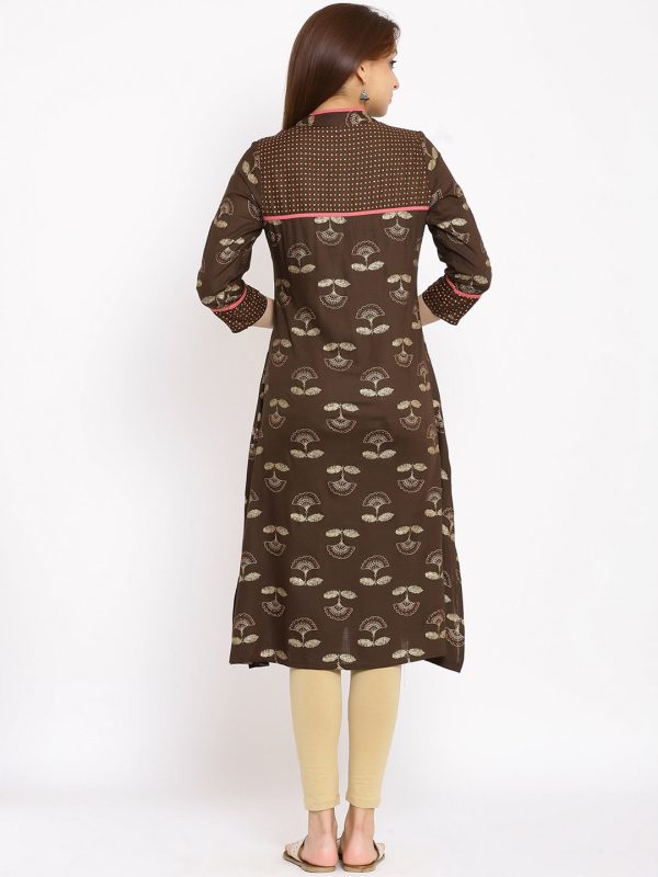 HERE&NOW Brown & Beige Mandarin Collar Floral Printed Straight Kurta on Sale