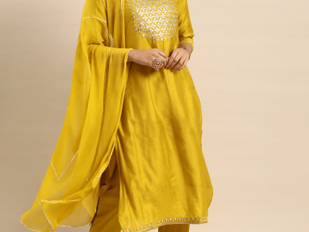 Anouk Women Mustard Yellow Yoke Design Chanderi Silk Kurta with Palazzos & Dupatta Online now