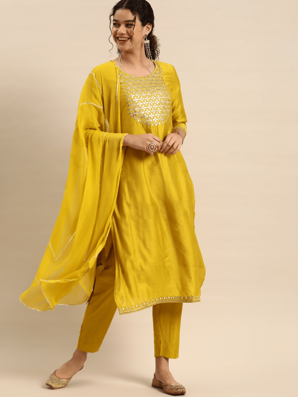 Anouk Women Mustard Yellow Yoke Design Chanderi Silk Kurta with Palazzos & Dupatta Online now