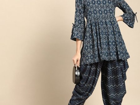 Anouk Women Navy Blue Ethnic Motifs Printed Empire Kurti with Dhoti Pants For Cheap