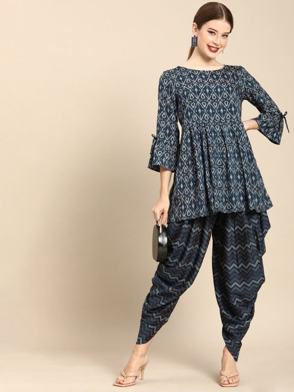 Anouk Women Navy Blue Ethnic Motifs Printed Empire Kurti with Dhoti Pants For Cheap