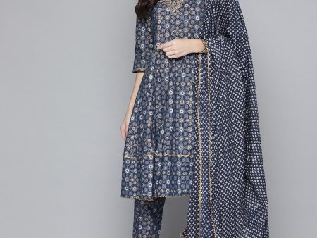 HERE&NOW Ethnic Embroidered & Printed Pure Cotton Anarkali Kurta with Trousers & Dupatta Discount