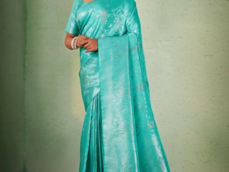 Glamorous Designer Turquoise Color Kanjivaram Silk Saree With Weaving Work - Yomika Fashions For Sale