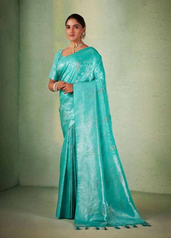 Glamorous Designer Turquoise Color Kanjivaram Silk Saree With Weaving Work - Yomika Fashions For Sale