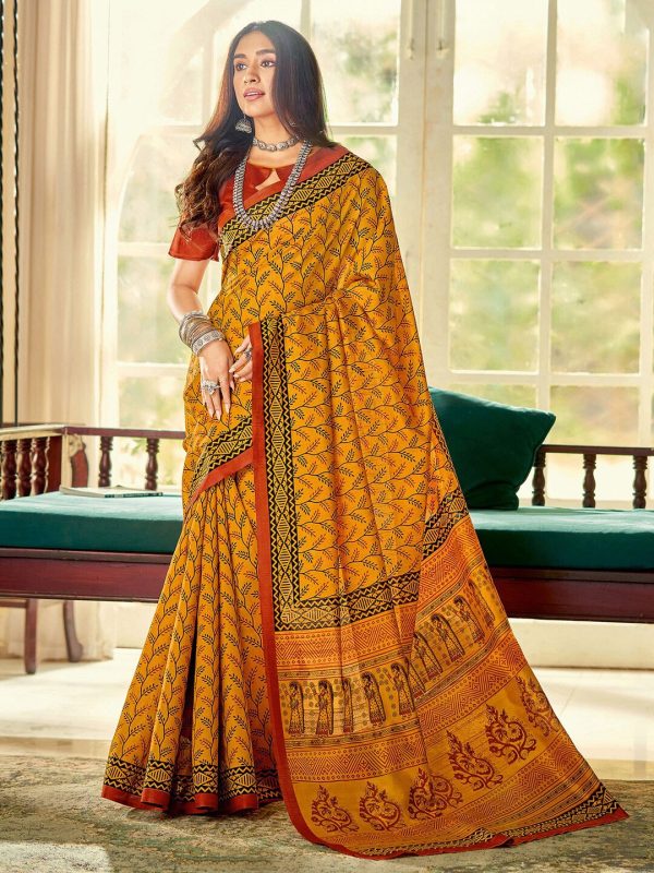 Saree Mall Mustard & Maroon Ethnic Motifs Printed Bhagalpuri Sarees Cheap