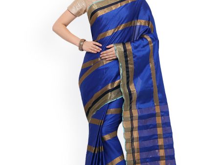 Saree Mall Blue Striped Silk Blend Saree Discount