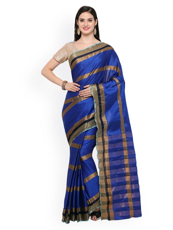 Saree Mall Blue Striped Silk Blend Saree Discount