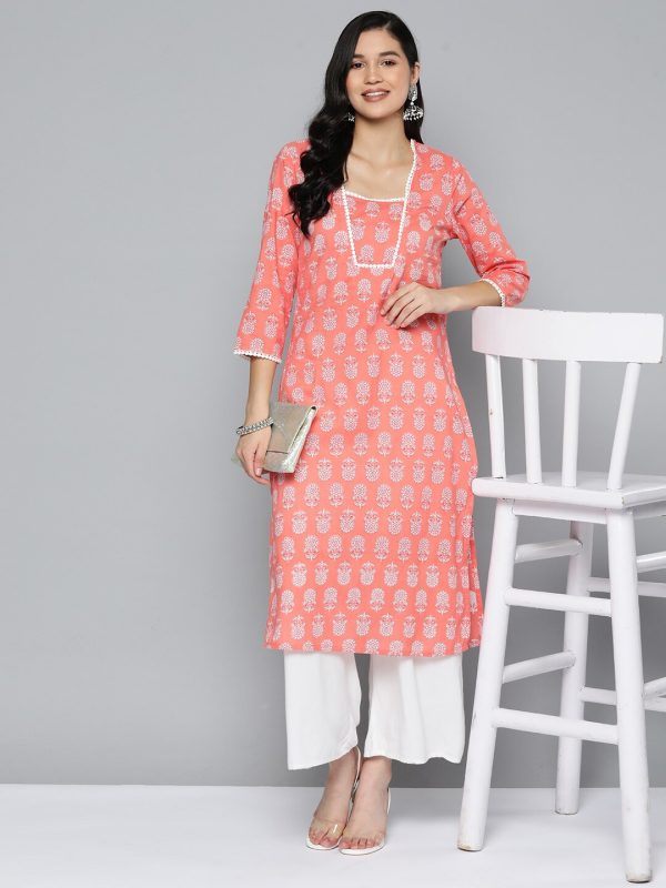 HERE&NOW Pure Cotton Floral Printed Straight Kurta Cheap