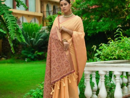 Vishnu Weaves Women s Peach Linen Cotton Bandhani Woven Saree with Blouse For Cheap