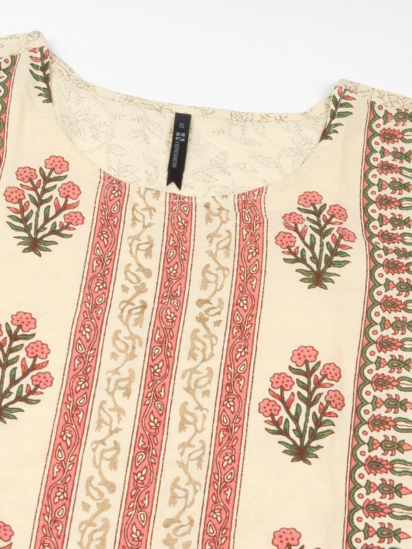 HERE&NOW Cream-Color & Pink Floral Printed Straight Kurta For Sale