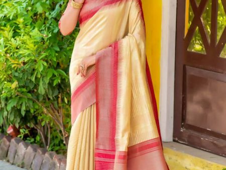 Vishnu Weaves Women s Beige South Silk Zari Woven Saree with Unstitched Blouse Discount