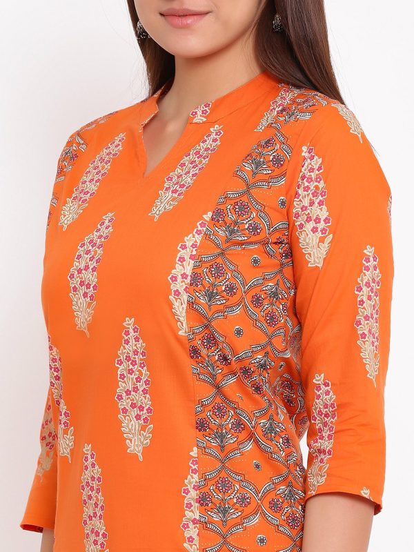 HERE&NOW Orange & White Ethnic Motifs Printed Straight Kurta Online now