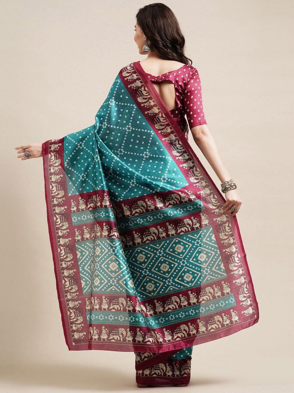 Saree Mall Blue & Maroon Bandhani Silk Blend Bandhani Sarees Fashion