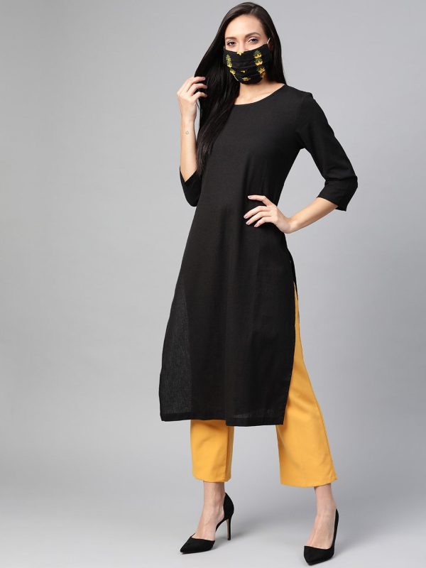 HERE&NOW Women Black Solid Straight Kurta Cheap