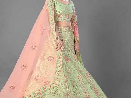 Myra Beautiful Pista Heavy Embroidered Art Silk Bridal Lehenga For Sale