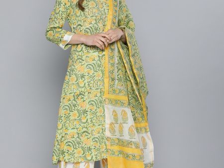 HERE&NOW Floral Printed Regular Pure Cotton Kurta with Palazzos & With Dupatta Discount