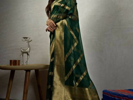 Glamorous Designer Stone Green Color Organza Silk Saree With Weaving Work - Yomika Fashions Sale