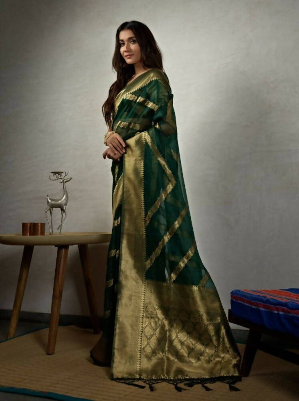 Glamorous Designer Stone Green Color Organza Silk Saree With Weaving Work - Yomika Fashions Sale