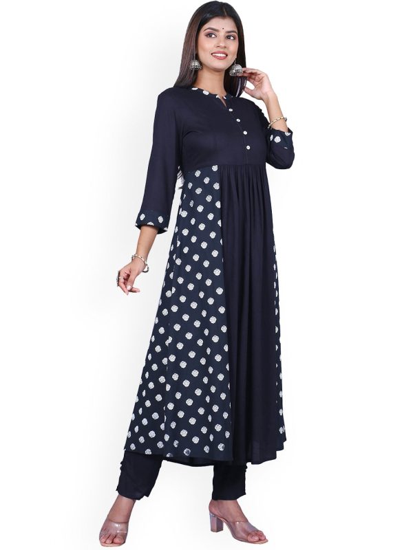 HERE&NOW Women Black Printed Anarkali Empire Kurta with Trousers For Cheap