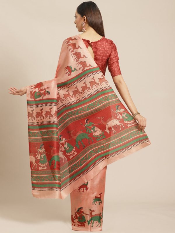 Saree Mall Peach-Coloured & Red Printed Saree Online Sale