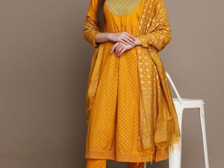 HERE&NOW Ethnic Motifs Embroidered Mirror Work Yoke Anarkali Kurta with Trousers & Dupatta on Sale