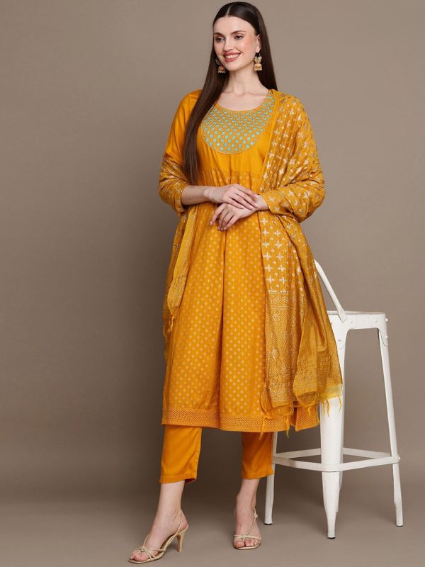 HERE&NOW Ethnic Motifs Embroidered Mirror Work Yoke Anarkali Kurta with Trousers & Dupatta on Sale