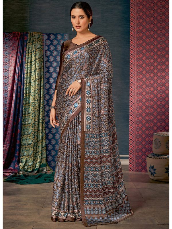 Saree Mall Brown & Blue Ethnic Motifs Printed Pure Crepe Block Print Saree on Sale