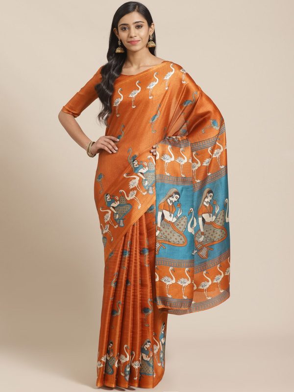 Saree Mall Rust Orange & Beige Ethnic Motifs Print Bhagalpuri Saree Online now