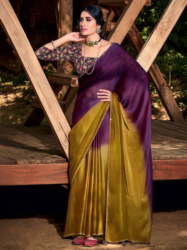 Saree Mall Purple & Beige Ombre Embroidered Sarees Supply