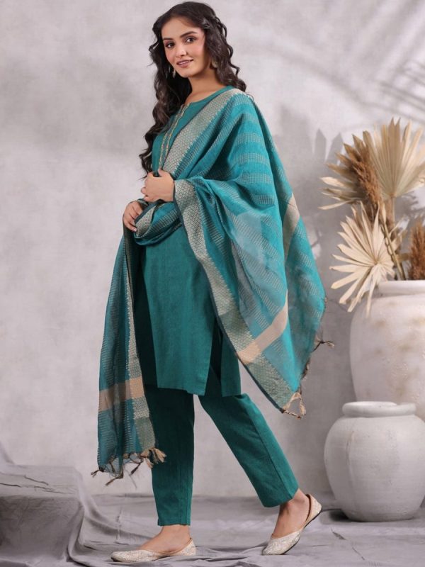 Anubhutee Ethnic Motifs Yoke Design Thread Work Pure Cotton Kurta with Trousers & Dupatta Discount