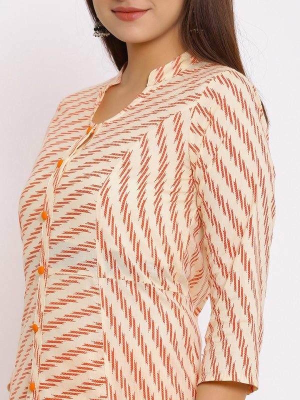 HERE&NOW Orange Mandarin Collar Striped A-Line Kurta Online Sale