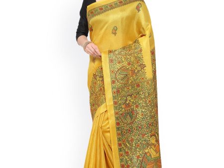 Saree Mall Yellow Art Silk Madhubani Print Saree For Discount