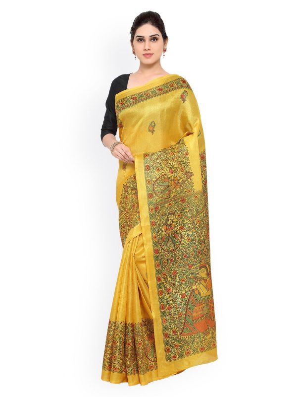 Saree Mall Yellow Art Silk Madhubani Print Saree For Discount